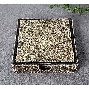Champagne Beaded 4" Square Drink Coaster Set with Wood Holder Case 4 Pc Box Glam